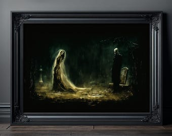Gothic Graveyard Art Print, Skeleton Ghost Cemetery Poster, Dark Macabre Wall Art, Moody Victorian Horror Decor, Memento Mori Gift
