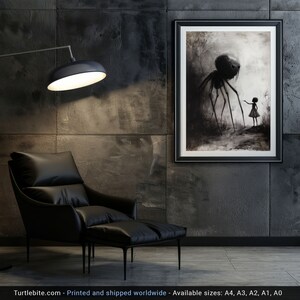 Little Girl Helping Baby Spider Monster Poster, Dark Fine Art Drawing, Creepy Cute Poster Print, Scary Pictures, Horror Artwork image 6