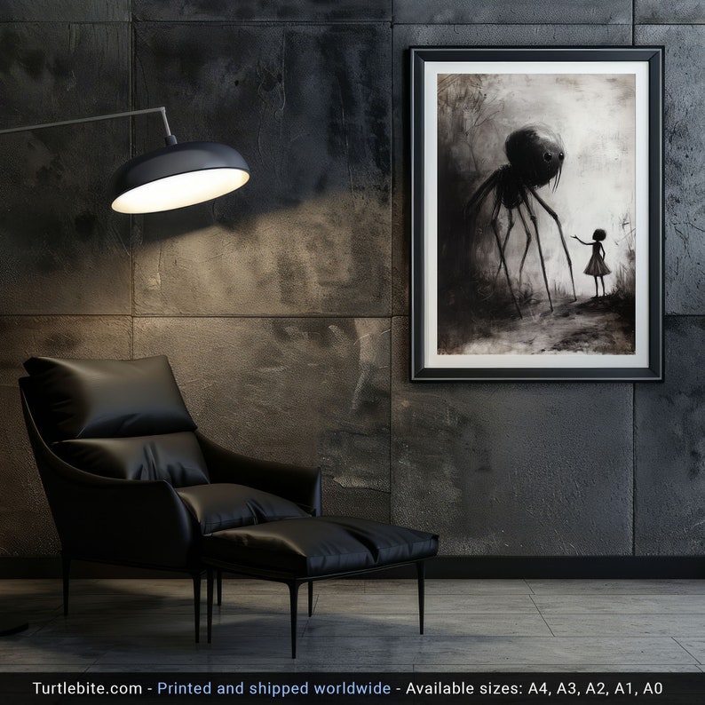 Little Girl Helping Baby Spider Monster Poster, Dark Fine Art Drawing, Creepy Cute Poster Print, Scary Pictures, Horror Artwork image 6