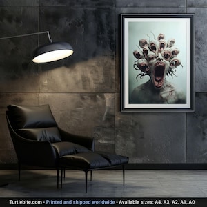 May include: A black and white digital art print of a creature with multiple mouths and eyes, set against a light blue background. The print is framed in a black frame and hanging on a dark grey wall.