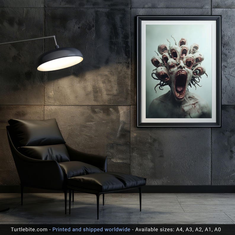 May include: A black and white digital art print of a creature with multiple mouths and eyes, set against a light blue background. The print is framed in a black frame and hanging on a dark grey wall.