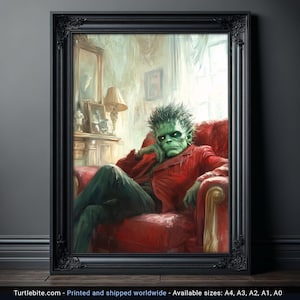 Frankenstein Art Print: Moody Monster in Repose, Gothic Home Decor, Dark Academia Wall Art, Classic Horror Portrait, Psychiatrist Session