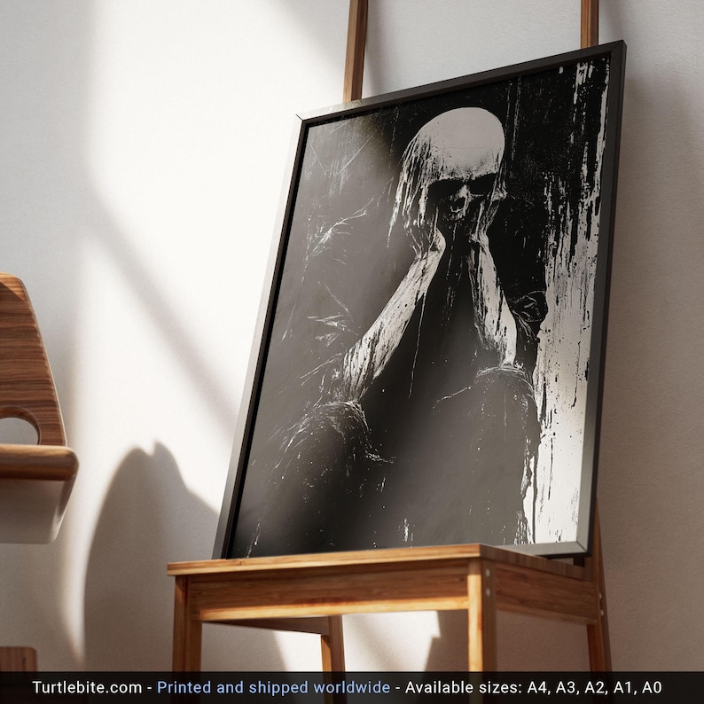 Póster analógico de criatura calavera de terror - Pintura de arte mural oscura en blanco y negro - Impresión vintage de esqueleto en la oscuridad espeluznante imagen 10