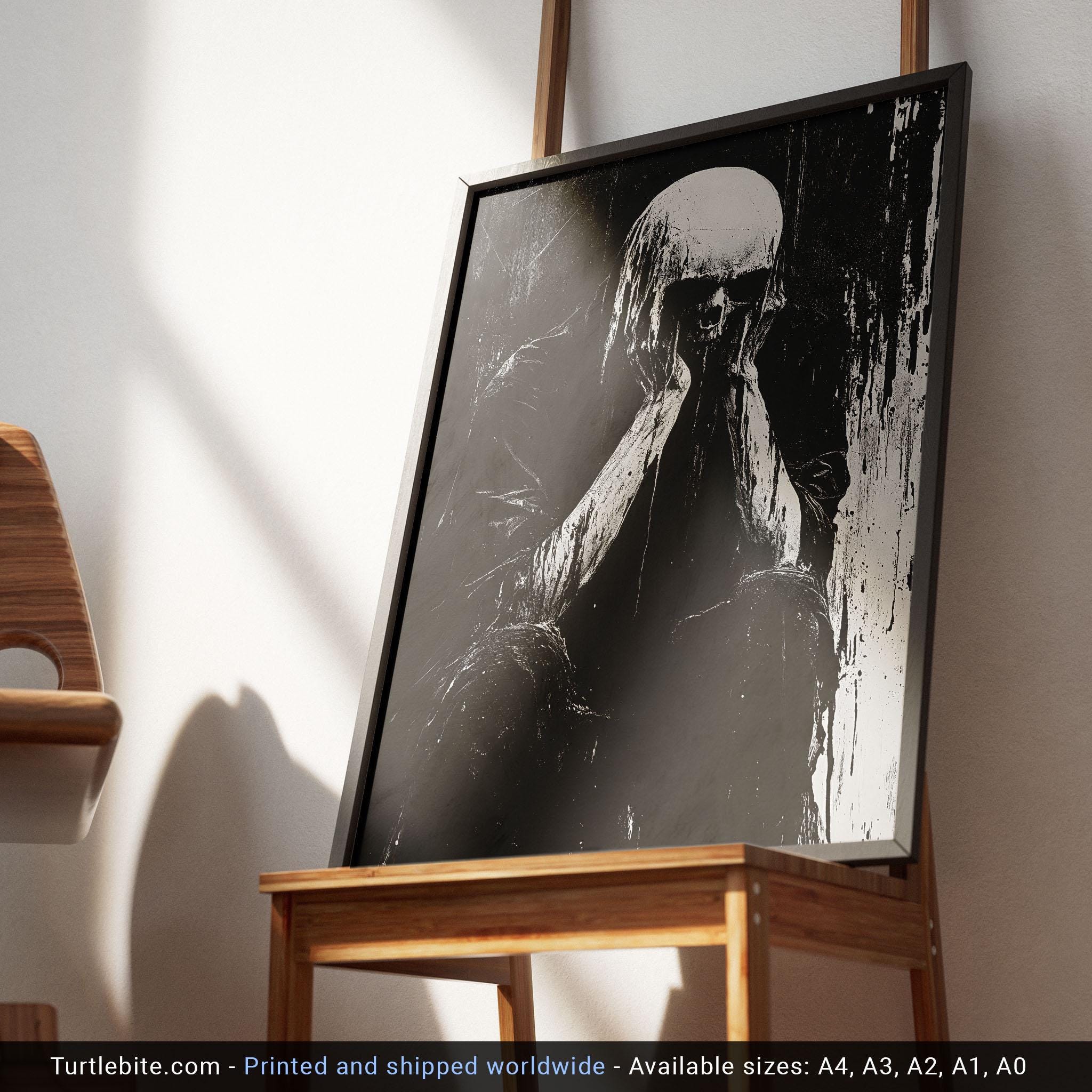 Analog Horror Skull Creature Poster - Black and White Dark Wall