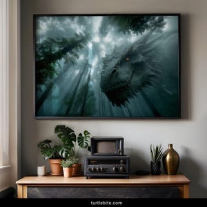 Atmospheric teal dragon art print with fog and pine trees moody fantasy poster