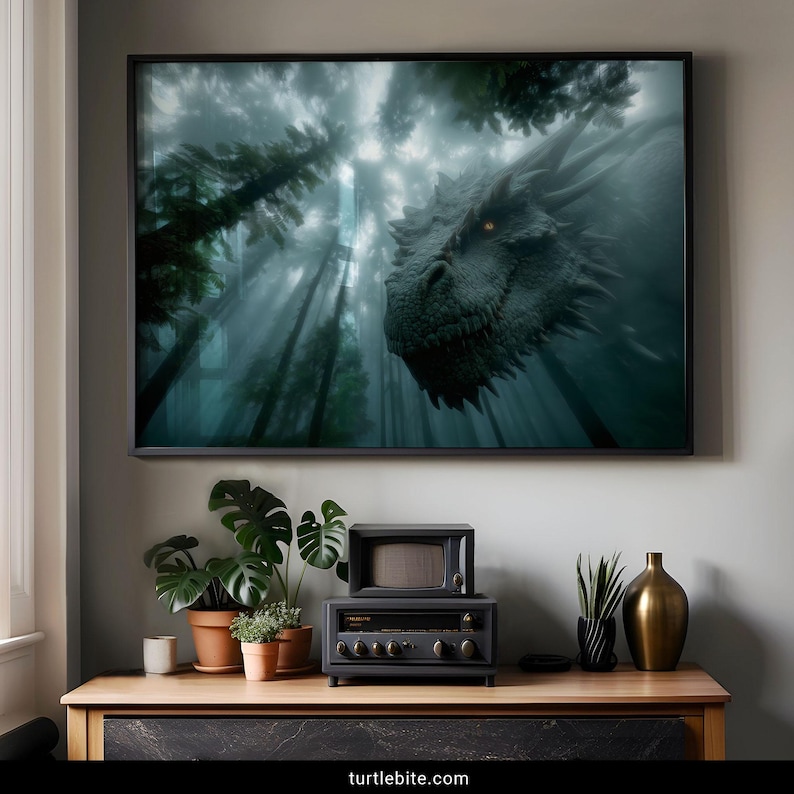 Atmospheric teal dragon art print with fog and pine trees moody fantasy poster