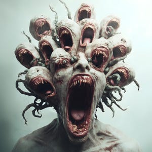 May include: A grotesque, pale-skinned creature with a large, gaping mouth and multiple smaller mouths surrounding its head. The creature has a menacing expression and appears to be screaming.