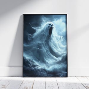 Schrecklicher Ozeangeist Poster Druck, dunkler Meeresgeist schreiend inmitten stürmischer Wellen in gruseliger übernatürlicher Horror Grafik, gruselige Bilder