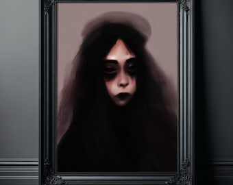 Dark Art Painting Print, Gothic Portrait, Creepy Wall Decor, Horror Artwork, Spooky Face Poster, Black Aesthetic Home Decor