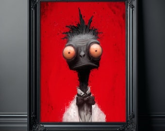 Gotycki wydruk artystyczny ze strusia – surrealistyczna dekoracja ścienna z ciemnym ptakiem, plakat z dziwnym zwierzęciem, dziwna gotycka dekoracja domu, sztuka ścienna z mroczną komedią