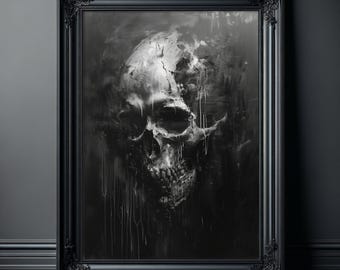白黒の頭蓋骨の絵画、ゴシック調のダークな美学を体現した壁画、不気味で奇妙な装飾、暗く異様なアートワーク、奇妙なホラープリント