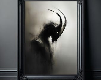 Plakat z mrocznym stworzeniem Koziorożca, przerażający, tajemnicza sztuka ścienna, upiorny, gotycki druk, obrazy ścienne w stylu gotyckim