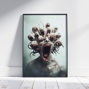 Impression d'affiche d'horreur monstre féroce multi-têtes - affiche d'art sombre effrayant - cadeau sorcière fantastique - art mural gore surréaliste extra large