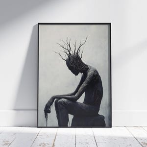 Gruseliges Poster Gemälde von sitzendem Baum Mann, düster launischer Druck, großes Gothic Gemälde für Rahmen, Dark Academia, Horror Kunstwerk
