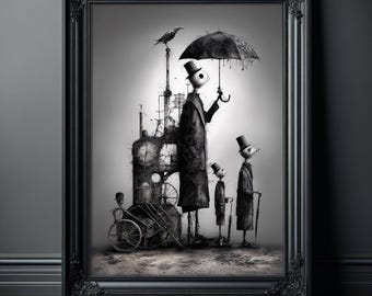 Mroczny wydruk artystyczny: „Czekając na deszcz” – surrealistyczne postacie steampunkowe, gotycka monochromatyczna sztuka ścienna, niesamowity plakat z ilustracją