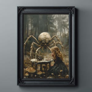 Macabre Poster of Little Girl Dinner with Skeletal Spider, Creepy Forest Gothic Wall Art, Scary Pictures, Horror Artwork, Spooky Vibes