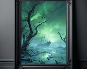Viking Ship Art Print | Dark Fantasy Ghost Ship Wall Decor | Nordic Mythology Poster | Haunted Nautical Gothic Home Decor | Eerie Norse Art