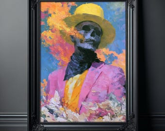 Colorful Skull Art Print – Dapper Skeleton in Pink Suit Wall Poster, Gothic Dark Humor Painting Decor