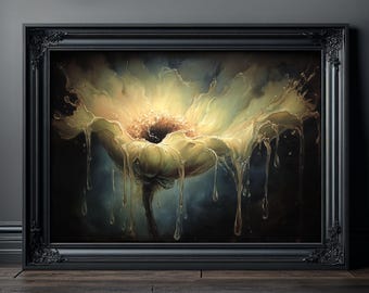 Op de afbeelding: Een ingelijste kunstdruk met een surrealistisch bloemdesign. Het kunstwerk toont een grote, lichtgevende bloem met druipende, goudgele bloemblaadjes tegen een donkere achtergrond. Het zwarte frame voegt een klassieke touch toe.