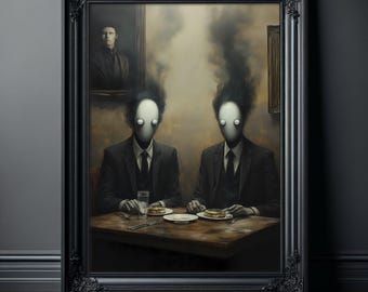 Surreal Wall Art Print, Gothic Horror Wall Decor, Dark Dreamcore Poster, Eerie Dining Scene, Uncanny Smoke Head Figures