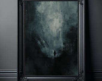 Impressão de arte sombria, pôster "Solidão no Vazio", arte de parede atmosférica e melancólica, pôster existencial surrealista.