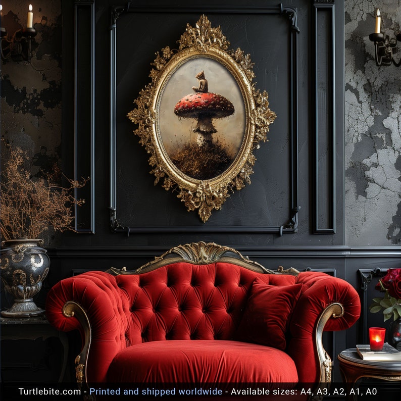 May include: A red and white mushroom with white spots sits in a forest setting. A small figure sits on top of the mushroom. The image is framed in a gold ornate frame and hangs on a black wall.