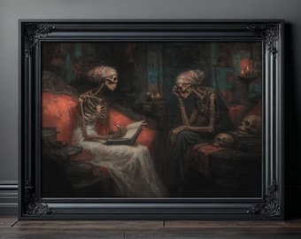 Arte de pared con esqueletos / Impresión gótica Memento Mori / Decoración victoriana de calaveras estilo Dark Academia / Póster de conversación macabro / Arte alternativo para el hogar