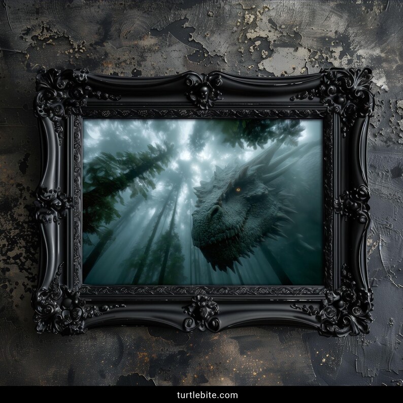 Dragon Art Print, Dark Fantasy Poster of Misty Forest Creature, Gothic Mythical Beast Wall Decor, Moody Atmospheric Home Art image 9