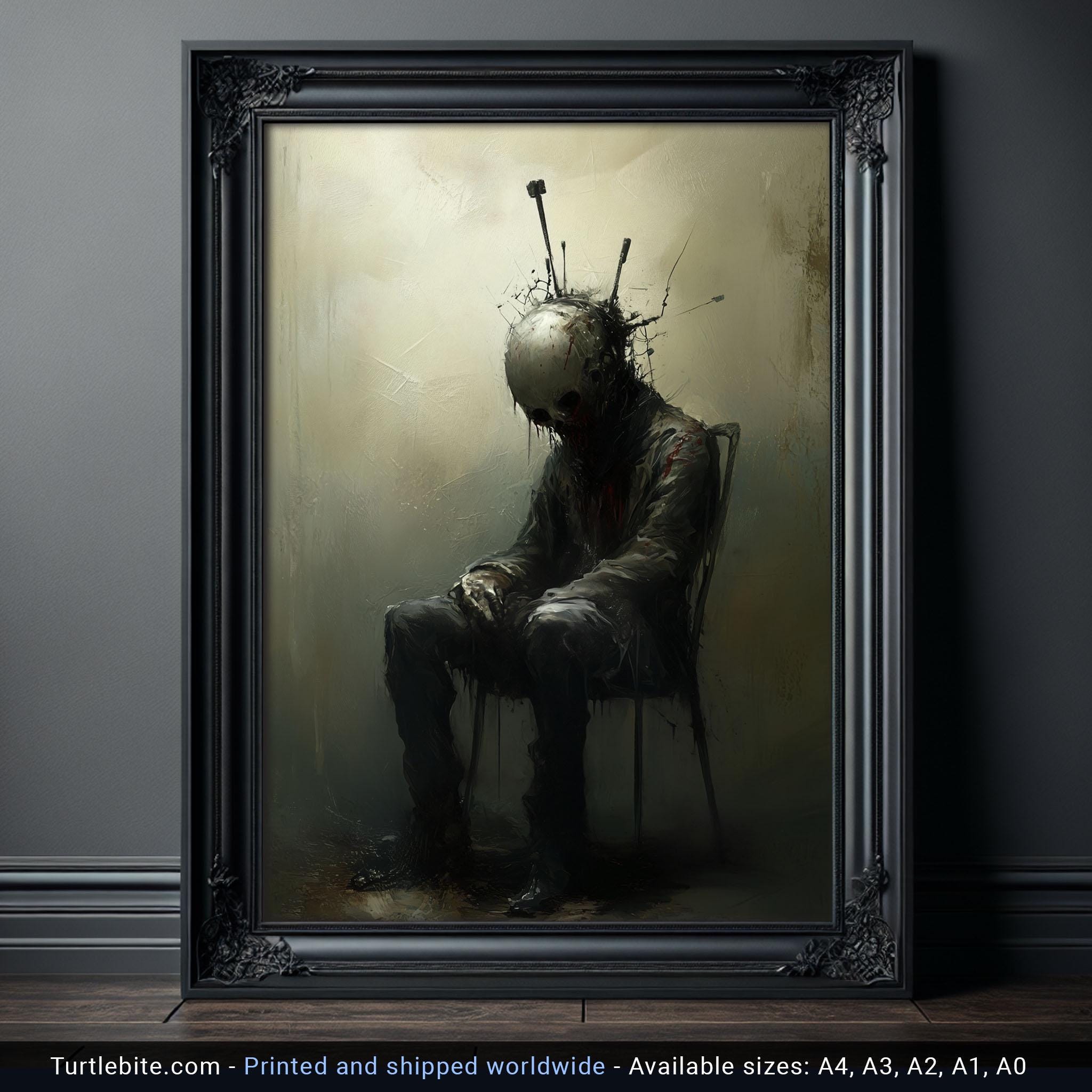 Scary Poster of Acupunctured Sitting Man, Dark Moody Wall Art Painting, Creepy Absurd Print, Spooky Odd Home Decor