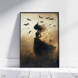 Decorazioni spettrali: stampa da parete gotica con streghe e pipistrelli mistici, poster di streghe di Halloween, decorazioni per la casa fantasy dark, regali di Halloween