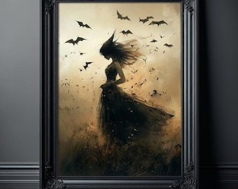 Spooky Decor: Mystical Witch & Bats Gothic Wall Art, Halloween Witch Poster Print, Dark Fantasy Home Decor, Halloween Gifts