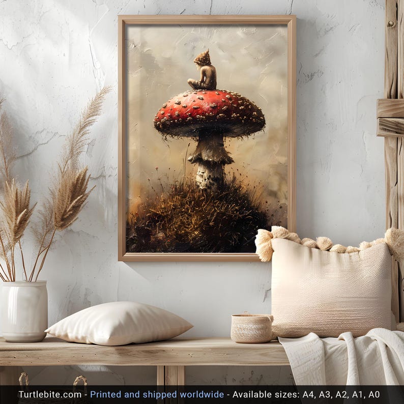 May include: A small, nude figure sits on top of a large, red and white mushroom with white spots. The mushroom is surrounded by brown grass and the background is a hazy, light blue sky.
