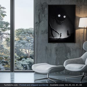 May include: Black and white framed art print depicting a shadowy monster reaching for two children. The artwork has a dark, surreal theme. The print is displayed on a concrete wall near a window with a view of trees.
