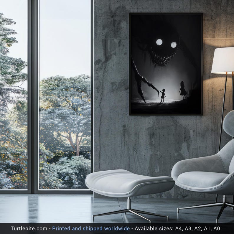May include: Black and white framed art print depicting a shadowy monster reaching for two children. The artwork has a dark, surreal theme. The print is displayed on a concrete wall near a window with a view of trees.