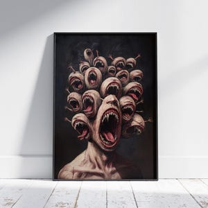 Impresión de Monstruo Multicéfalo Melancólico - Póster de Arte Oscuro y Escalofriante - Regalo de Fantasía Bruja - Arte Mural Surrealista y Sangriento - Pintura Gótica Grande - Arte Extraño
