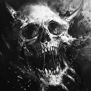 K&ouml;nnte beinhalten: Eine Schwarzwei&szlig;illustration eines Sch&auml;dels mit H&ouml;rnern und offenem Mund, in einem dramatischen Stil mit wei&szlig;en Farbstichen gemalt.