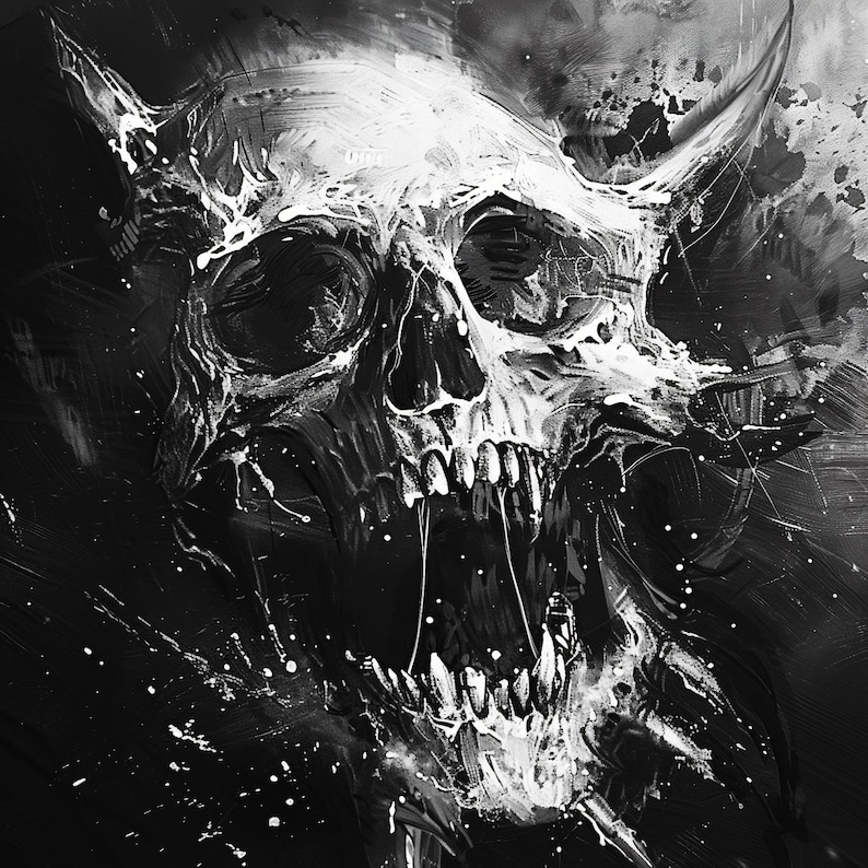 K&ouml;nnte beinhalten: Eine Schwarzwei&szlig;illustration eines Sch&auml;dels mit H&ouml;rnern und offenem Mund, in einem dramatischen Stil mit wei&szlig;en Farbstichen gemalt.