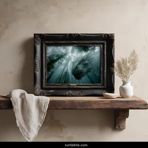 Atmospheric teal dragon art print with fog and pine trees moody fantasy poster