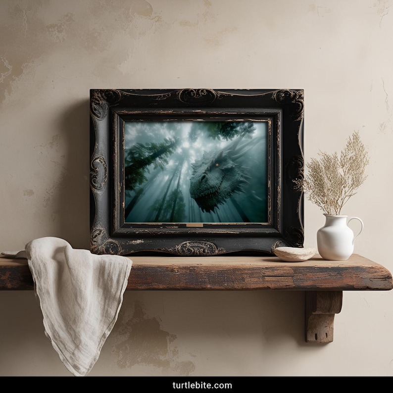 Atmospheric teal dragon art print with fog and pine trees moody fantasy poster