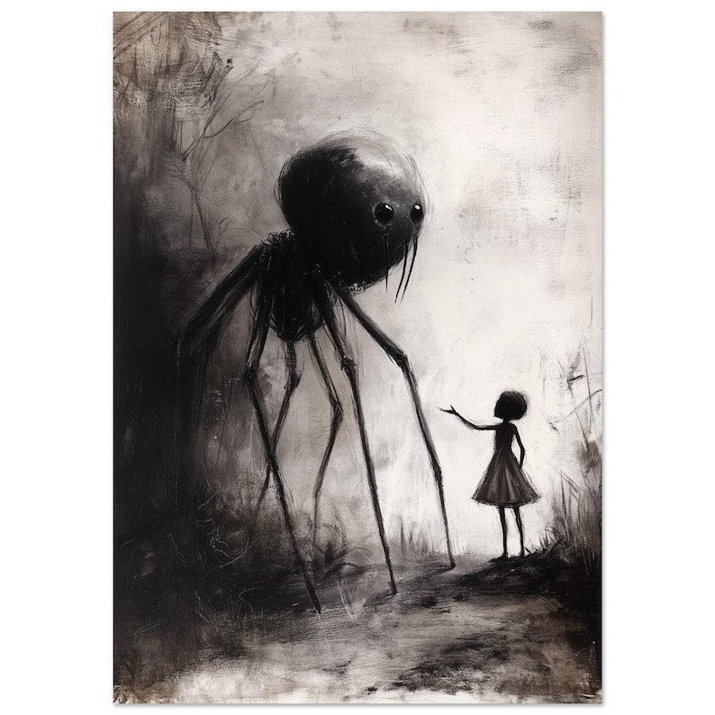 Little Girl Helping Baby Spider Monster Poster, Dark Fine Art Drawing, Creepy Cute Poster Print, Scary Pictures, Horror Artwork image 10