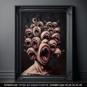 Impresión de Monstruo Multicéfalo Melancólico - Póster de Arte Oscuro y Escalofriante - Regalo de Fantasía Bruja - Arte Mural Surrealista y Sangriento - Pintura Gótica Grande - Arte Extraño