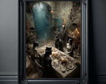 Gothic Dinner Party Print: Haunted Victorian Dining Room, Macabre Wall Art