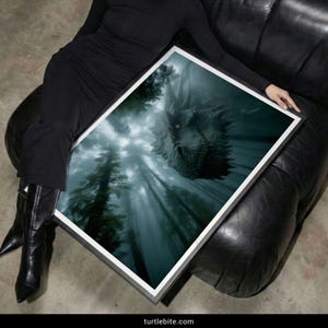 Dramatic dragon portrait in foggy forest landscape dark fantasy wall poster