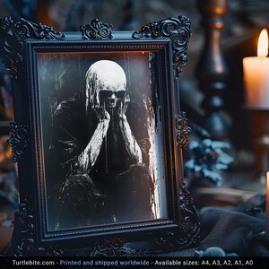 Póster analógico de criatura calavera de terror - Pintura de arte mural oscura en blanco y negro - Impresión vintage de esqueleto en la oscuridad espeluznante imagen 5