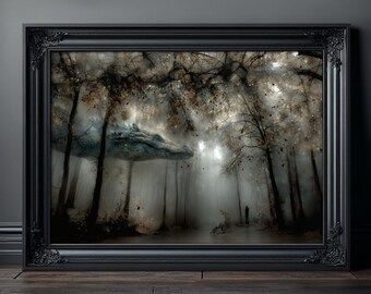 Dragon Poster, Surreal Fantasy Forest Art, Gothic Mystical Nightmare Print, Dark Whimsigoth Moody Wall Decor, Mysterious Dreamscape
