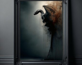 Lámina de dragón, arte mural gótico, póster de criatura de fantasía oscura, decoración de bestia medieval melancólica, regalo de obra de arte mítica
