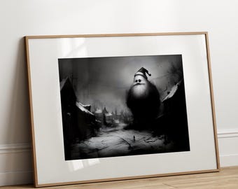 Christmas Horror: Lonely Santa Claus Illustration, Unique Melancholic Christmas Decor, Moody Black and White Painting Poster, Large Wall Art