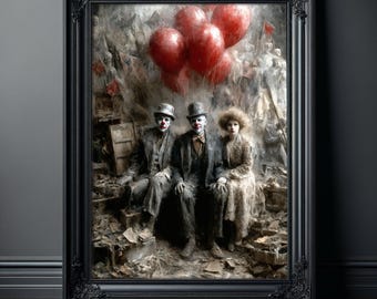 Dark Clown Art Print, Vintage Circus Gothic Wall Decor, Creepy Balloon Poster, Macabre Home Decor, Haunting Eerie Horror Aesthetic