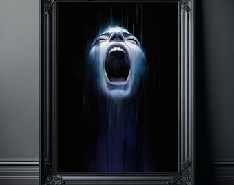 Scream Art Print - Dark Horror Wall Art Poster, Gothic Blue Portrait, Creepy Home Decor, Nightmare Face Artwork, Spooky Room Decoration