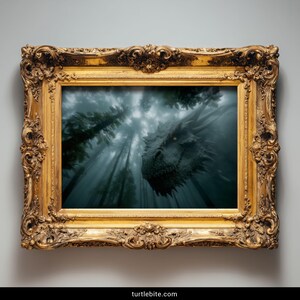 Close-up mythical dragon creature in eerie forest mist dark home decor print